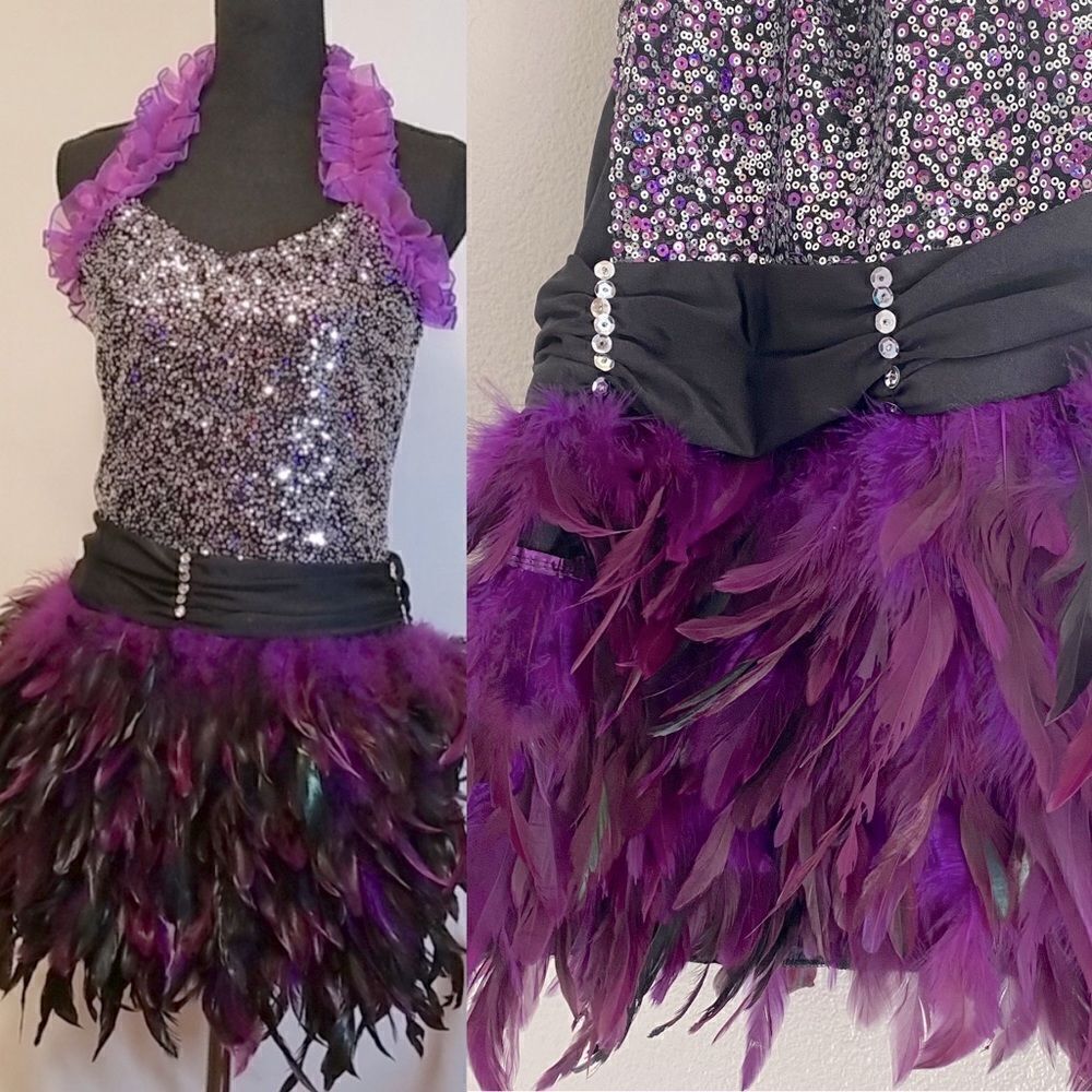 Glamour dance costume purple velvet sequin feather sassy 187 adult small SA -NEW